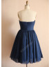 Navy Blue Polka Dots Tulle Short Bridesmaid Dress 